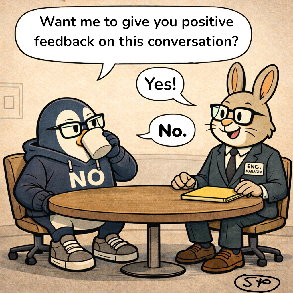 Nullwing sips coffee and asks if Hopper wants positive feedback on this conversation; Hopper brightens and says 'Yes!' — Nullwing replies 'No.'