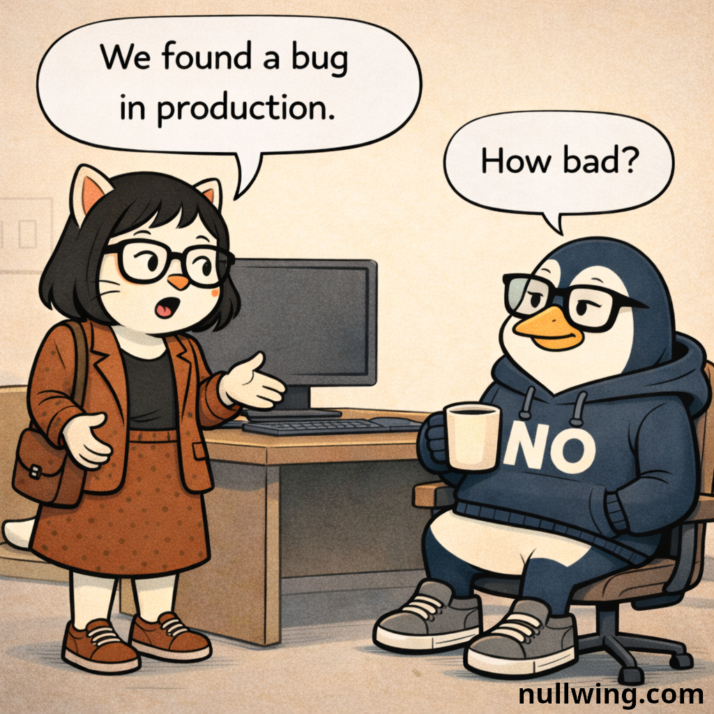 Pawla approaches Nullwing's desk looking concerned and reports they found a bug in production; Nullwing asks 'How bad?' with a neutral expression.