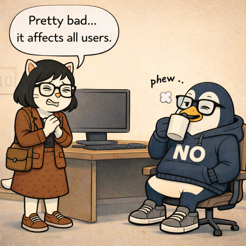 Pawla grimaces and says it's pretty bad and affects all users; Nullwing leans back in his chair looking visibly relieved, sipping coffee.