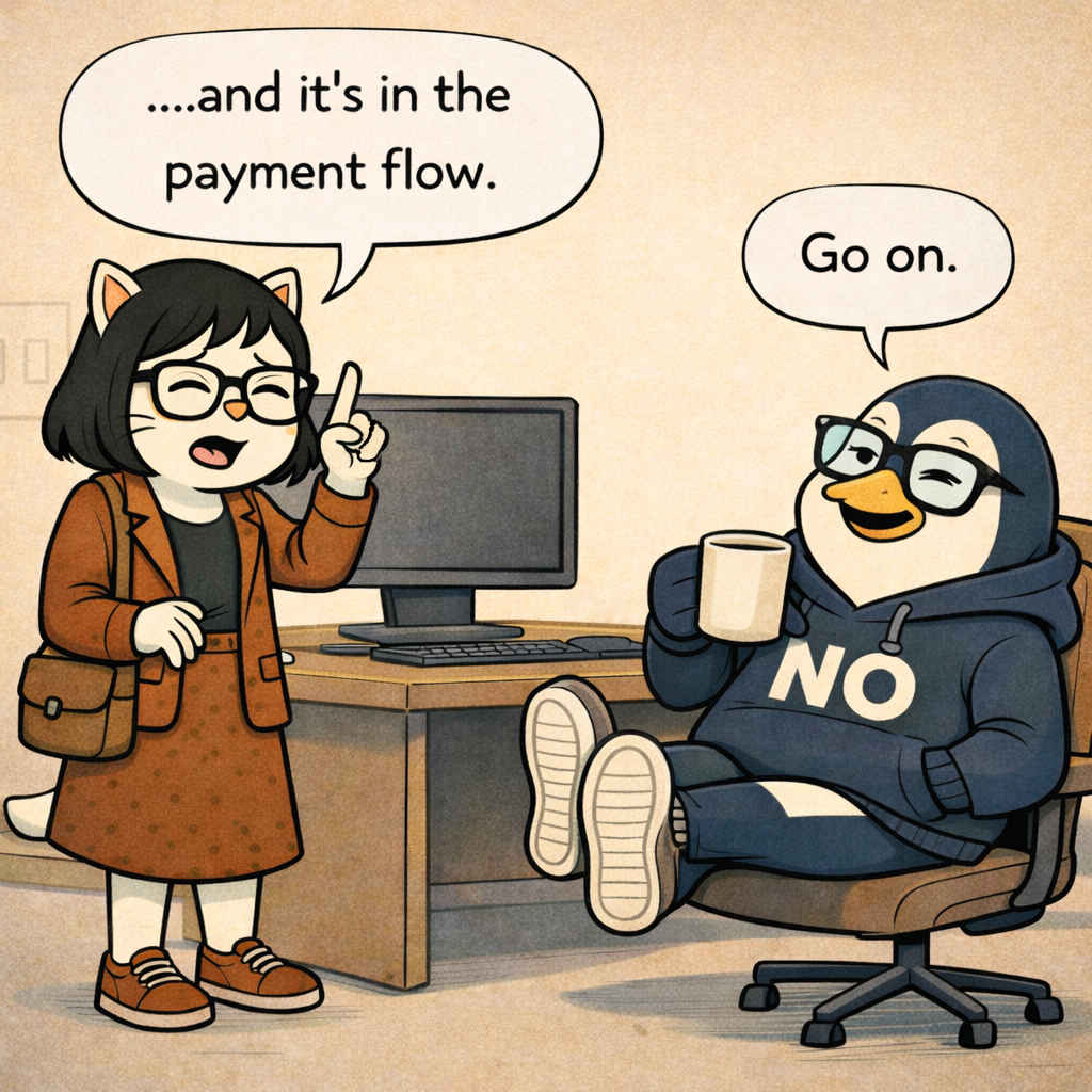 Pawla continues that the bug is in the payment flow; Nullwing is now smiling contentedly with his feet up on the desk, saying 'Go on.'