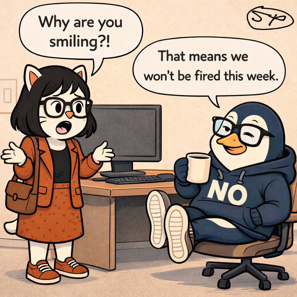 Pawla turns to Nullwing in confusion asking why he's smiling; Nullwing, serene and relaxed, replies 'That means we won't be fired this week.'