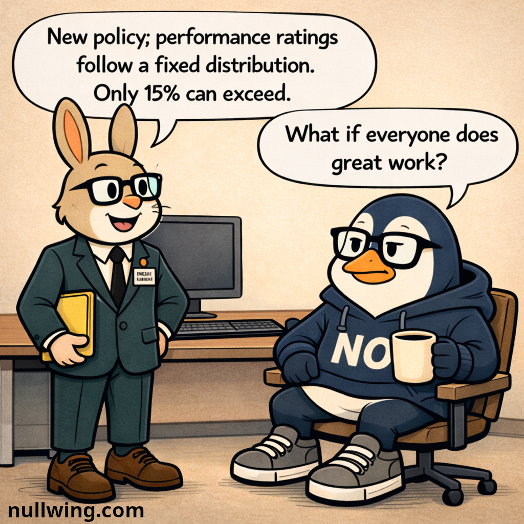 Hopper announces a new policy where performance ratings follow a fixed distribution with only 15% allowed to exceed; Nullwing asks what happens if everyone does great work.