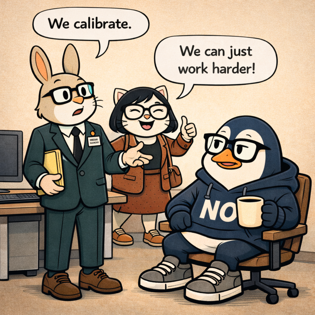 Hopper shrugs and says 'We calibrate' while Pawla walks by in the background giving a cheerful thumbs-up, saying they can just work harder.