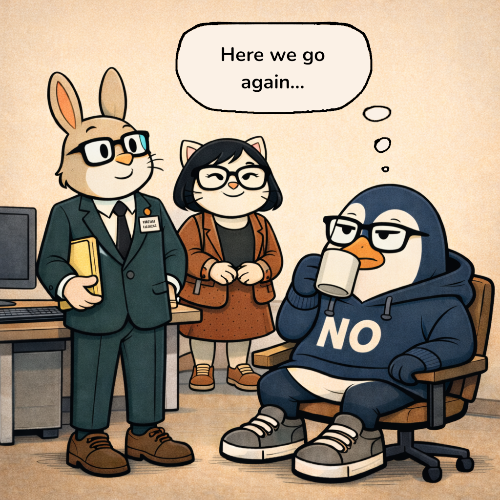 Silent beat panel — Nullwing stares at Hopper and Pawla, coffee mug frozen mid-sip, processing how broken the system is.