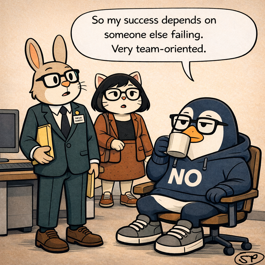 Nullwing delivers the punchline deadpan: 'So my success depends on someone else failing. Very team-oriented.' Hopper is taken aback and Pawla's smile fades.