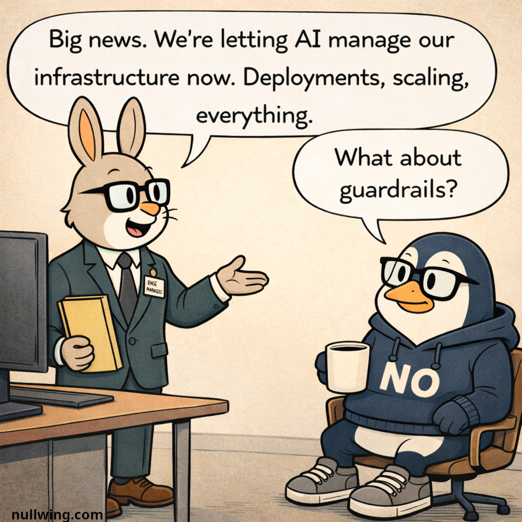 Hopper excitedly announces that AI will now manage all infrastructure — deployments, scaling, everything; Nullwing asks about guardrails.