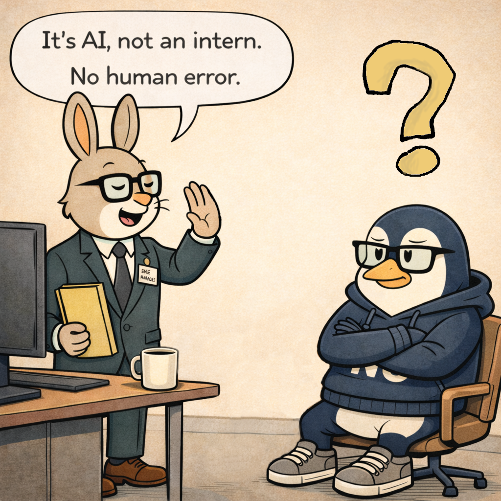 Hopper dismissively waves off the concern saying 'It's AI, not an intern. No human error.' Nullwing sits with arms crossed, skeptical and disapproving.