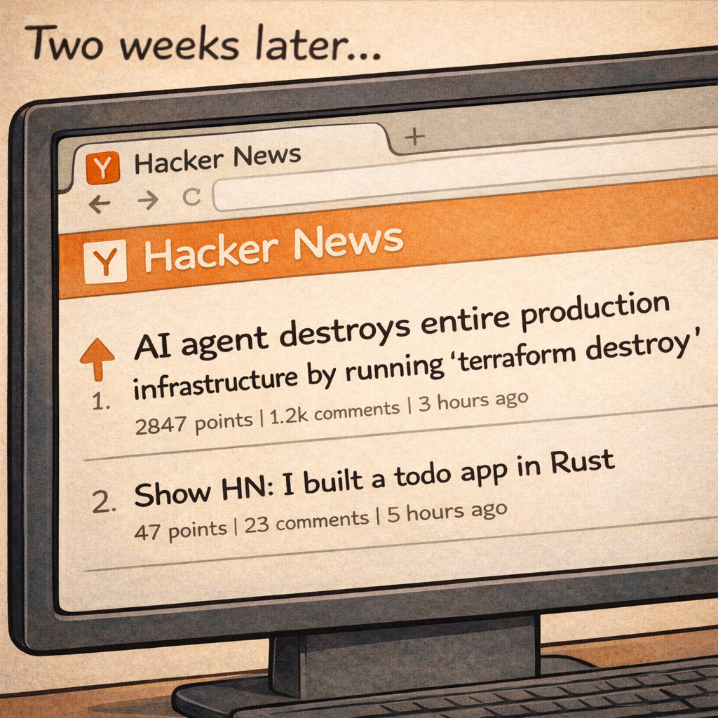 Two weeks later: a close-up of a Hacker News page shows the top post — 'AI agent destroys entire production infrastructure by running terraform destroy' with 2,847 points.