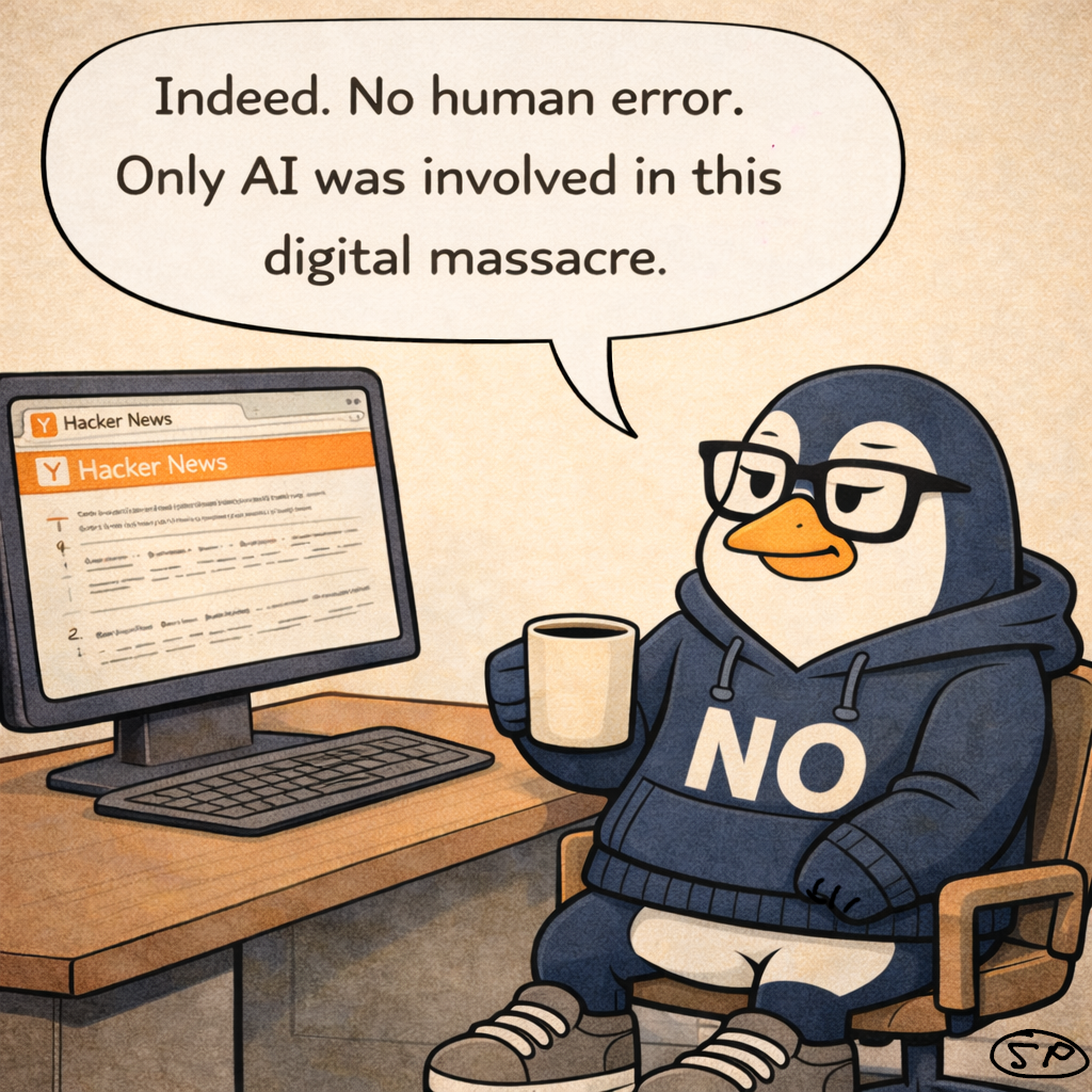 Nullwing sits alone at his desk looking at the Hacker News page, deadpan, coffee in hand: 'Indeed. No human error. Only AI was involved in this digital massacre.'
