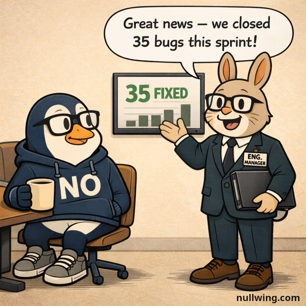 Hopper stands at a standup area, beaming with pride next to a dashboard showing '35 FIXED,' announcing they closed 35 bugs this sprint.