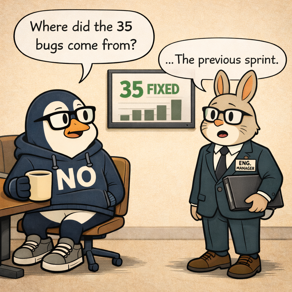 Nullwing asks where the 35 bugs came from; Hopper admits they came from the previous sprint.
