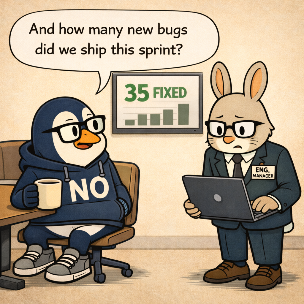 Nullwing leans forward and asks how many new bugs they shipped this sprint; Hopper's confidence starts to crack as he glances nervously at his folder.