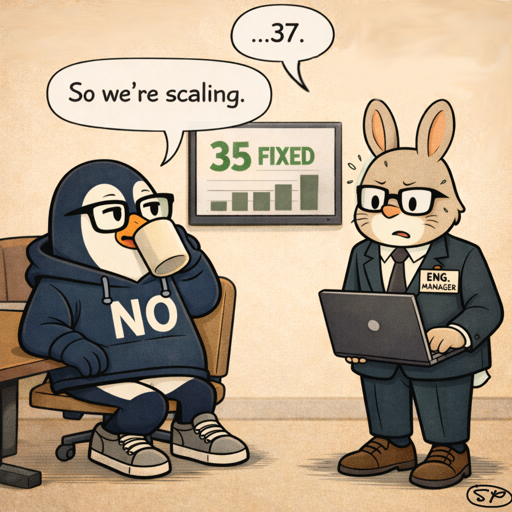 Hopper uncomfortably admits '37'; Nullwing delivers the deadpan punchline: 'So we're scaling.'