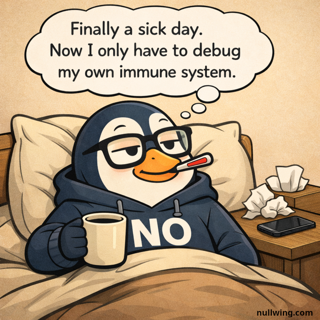 Nullwing lies in bed with a thermometer in his beak, coffee mug in hand, tissues on the nightstand, thinking 'Finally a sick day. Now I only have to debug my own immune system.'
