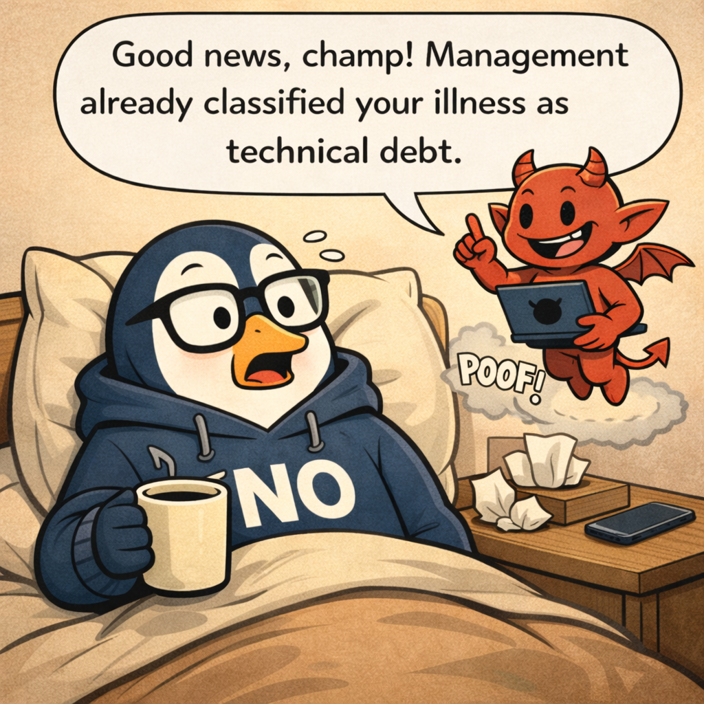The Daemon appears with a poof near the nightstand, tiny laptop in hand, grinning: 'Good news, champ! Management already classified your illness as technical debt.'