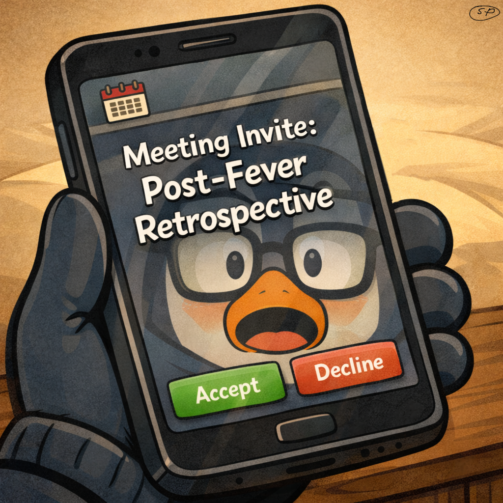 Close-up of Nullwing's phone showing a meeting invite: 'Post-Fever Retrospective' with Accept and Decline buttons, Nullwing's terrified face reflected in the screen.