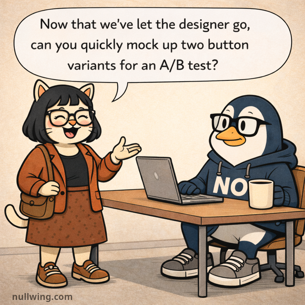 Pawla cheerfully asks Nullwing to mock up two button variants for an A/B test after the designer was let go.