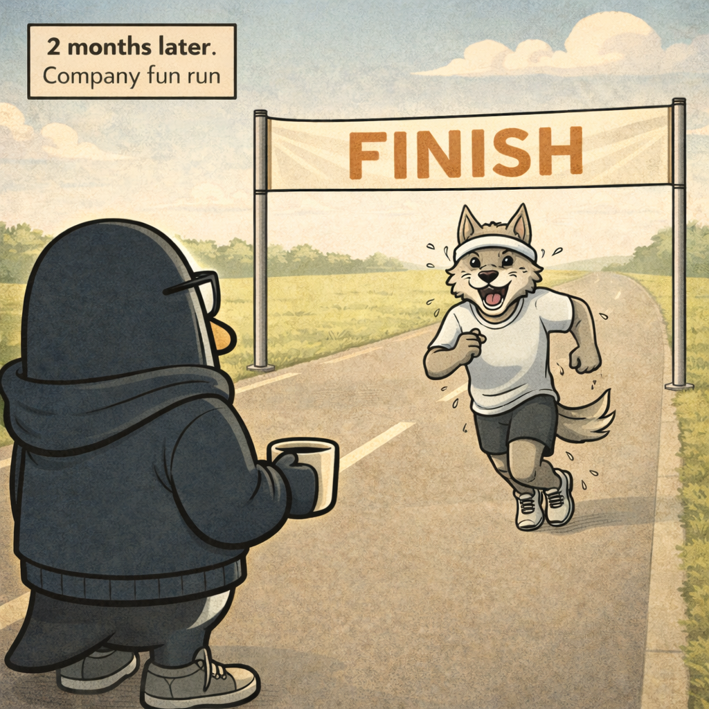 Two months later at a company fun run, the exhausted Wolf CTO sprints toward the finish line while Nullwing stands calmly at the finish, coffee in hand, watching.
