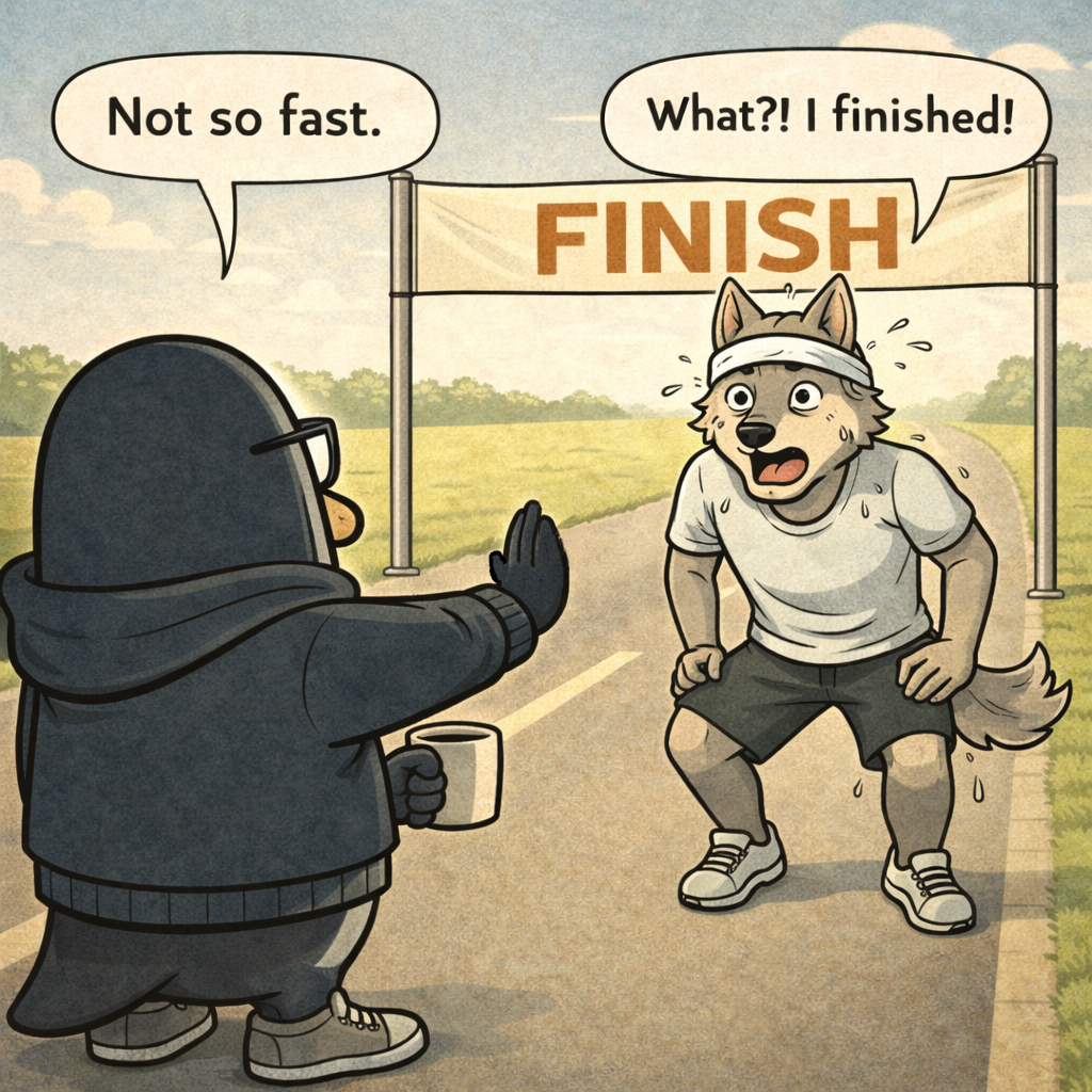 As the CTO crosses the finish line, Nullwing blocks his path with a stop gesture and says 'Not so fast'; the CTO protests 'What?! I finished!'