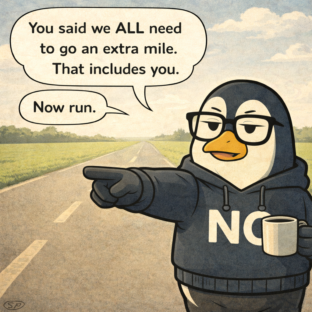 Nullwing faces the camera, pointing down the road, delivering the punchline: 'You said we ALL need to go an extra mile. That includes you. Now run.'