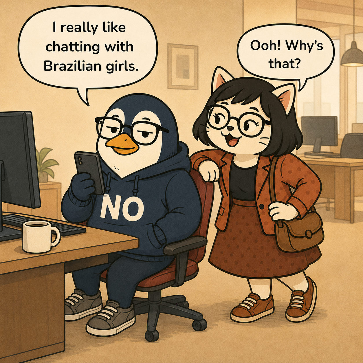 At his desk, Nullwing holds his phone with a rare faint half-smile and tells Pawla, who leans in curiously, 'I really like chatting with Brazilian girls.' Pawla replies, 'Ooh! Why's that?'