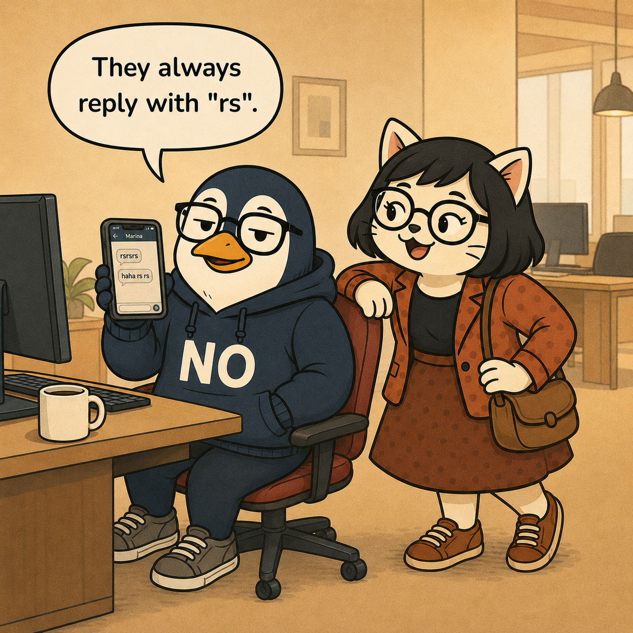 Nullwing turns his phone so the screen showing a chat full of 'rsrsrs' and 'haha rs rs' is visible, and says, 'They always reply with "rs".'