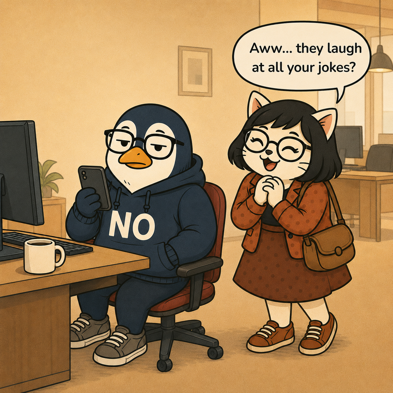 Pawla clasps her hands together with a big beaming smile and says, 'Aww... they laugh at all your jokes?' while Nullwing stays deadpan.