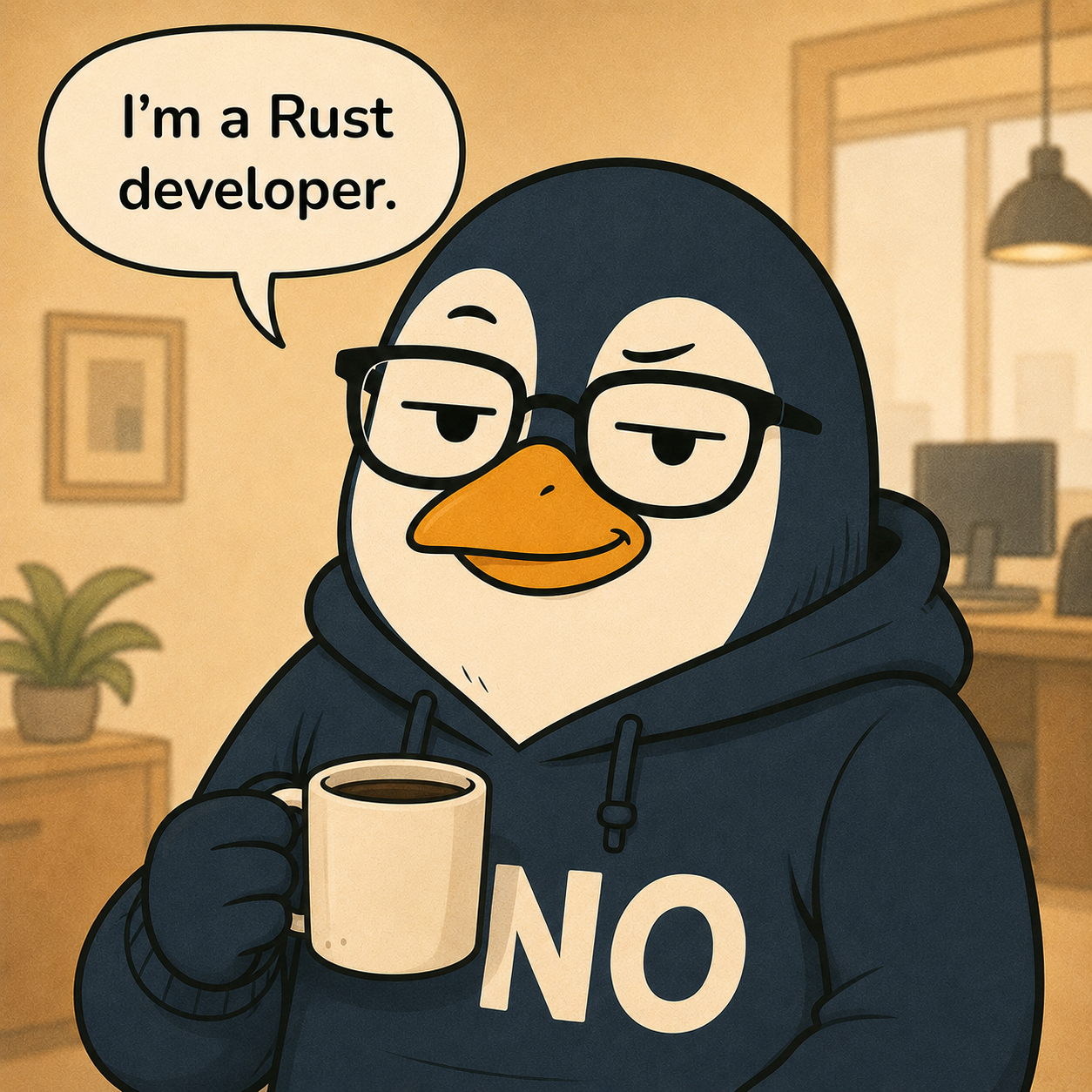 Close-up of Nullwing facing the camera with a sly, knowing smirk, coffee mug in hand, delivering the punchline: 'I'm a Rust developer.'