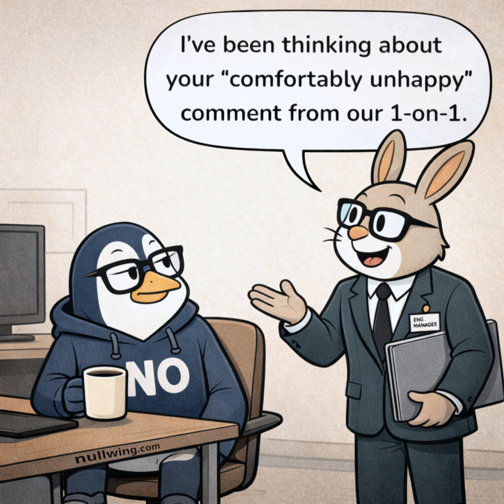 Hopper bursts into Nullwing's desk area, excited, saying he's been thinking about Nullwing's 'comfortably unhappy' comment from their 1-on-1.