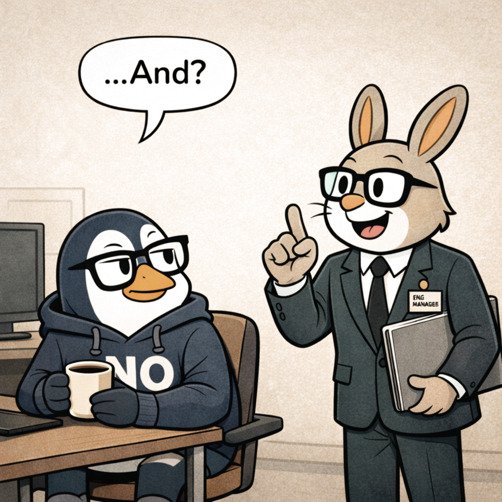 Nullwing turns to face Hopper with a guarded expression and asks 'And?' while Hopper grins, about to reveal his big idea.