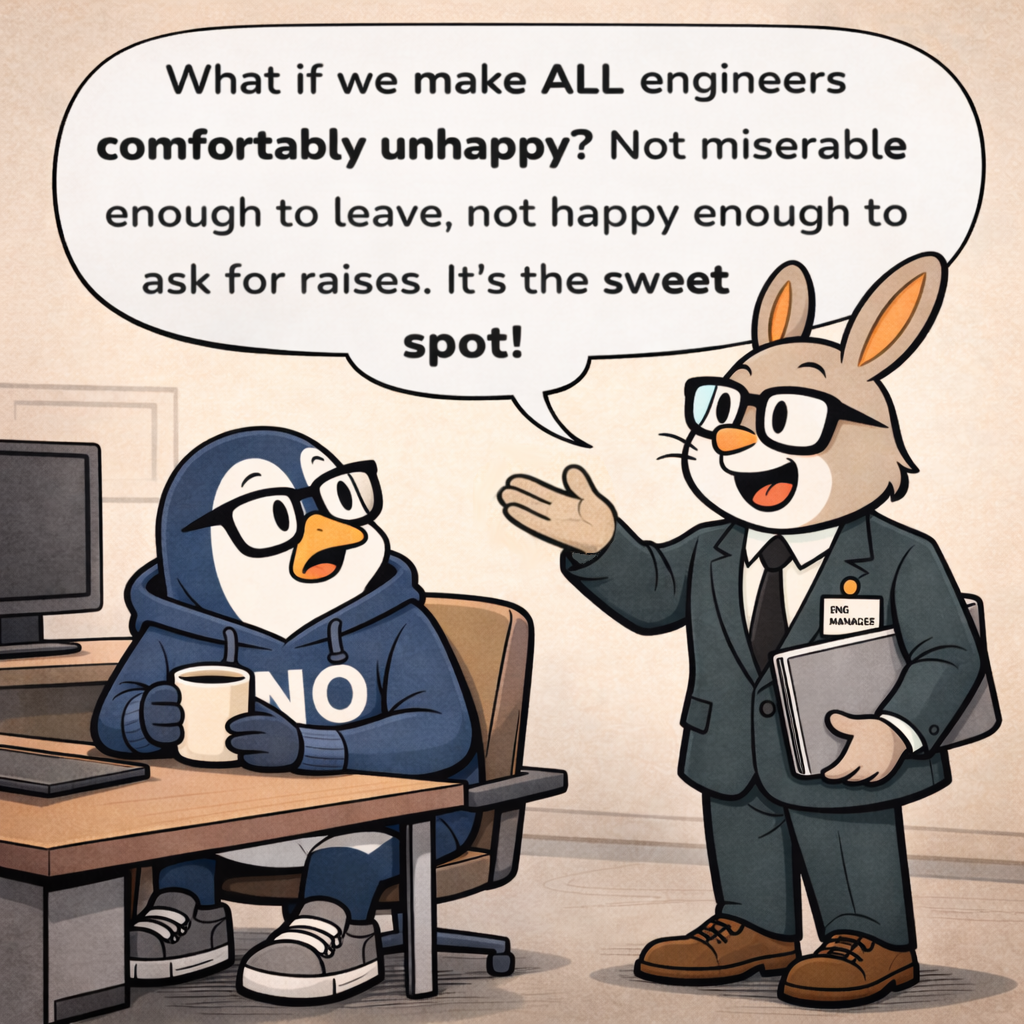Hopper pitches making all engineers 'comfortably unhappy' — not miserable enough to leave, not happy enough to ask for raises — while Nullwing stares in horror.