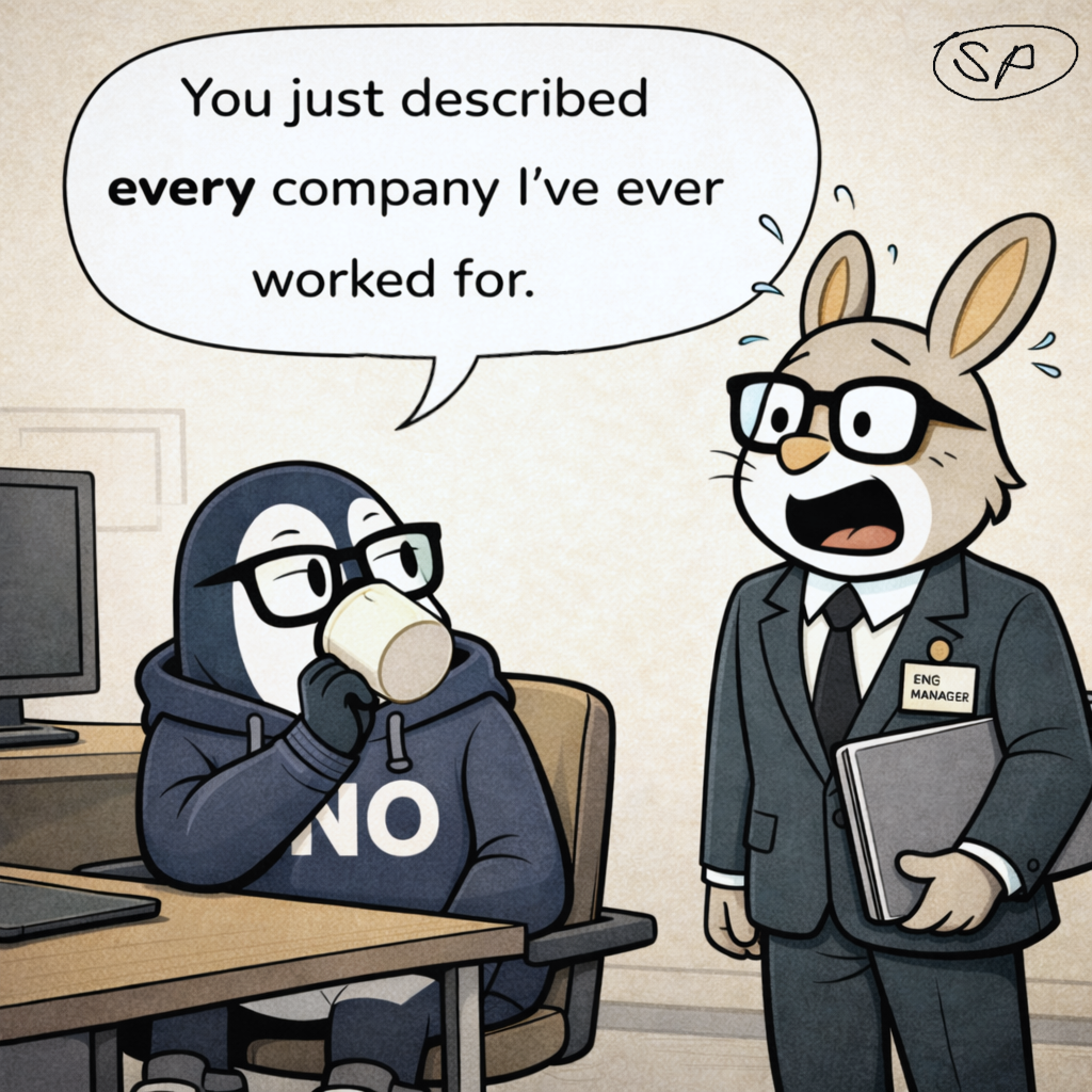 Nullwing turns back to his screen, deadpan, coffee raised, and says 'You just described every company I've ever worked for' as Hopper's smile freezes.