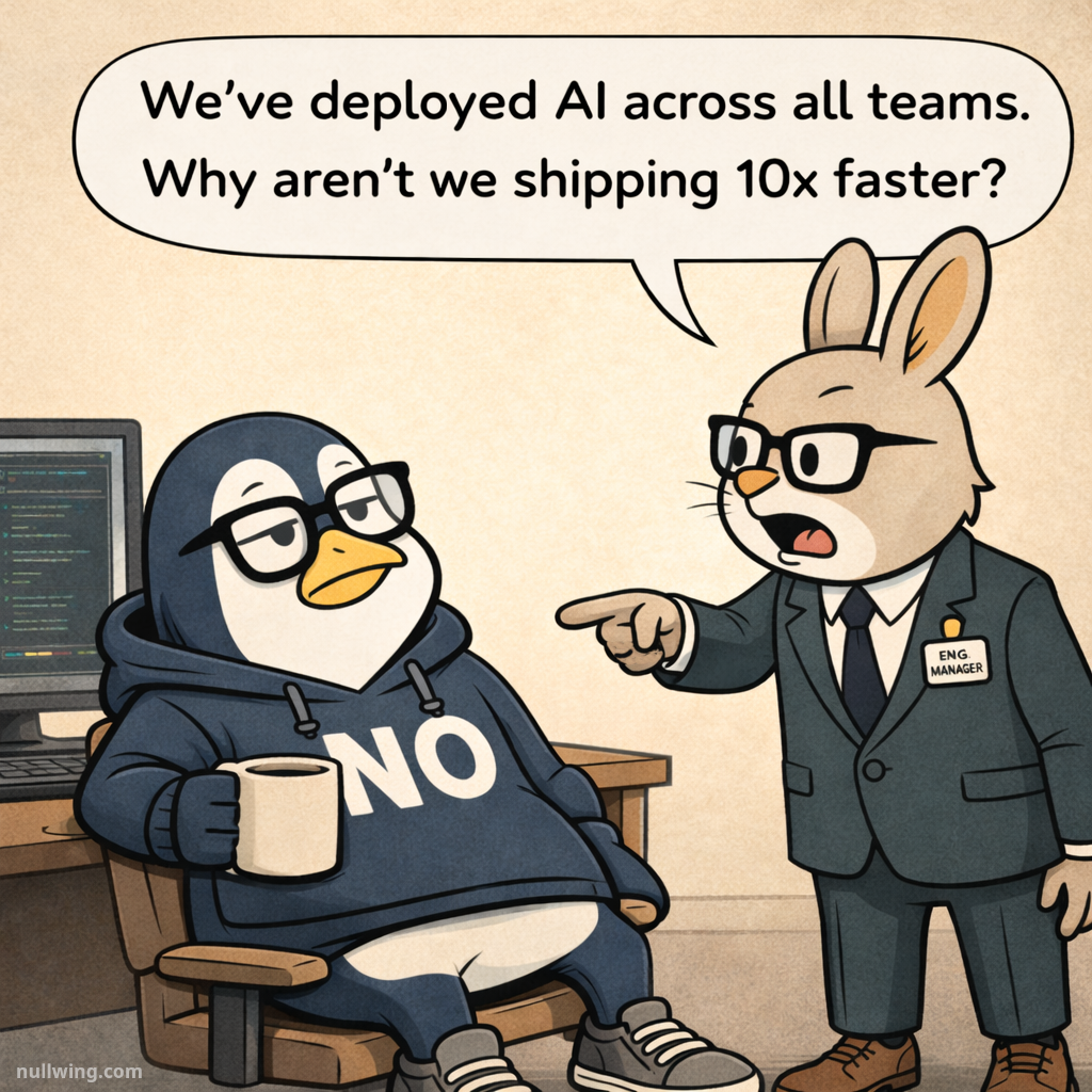 Hopper stands at Nullwing's desk, frustrated, demanding why they aren't shipping 10x faster after deploying AI across all teams; Nullwing looks up, completely bored.