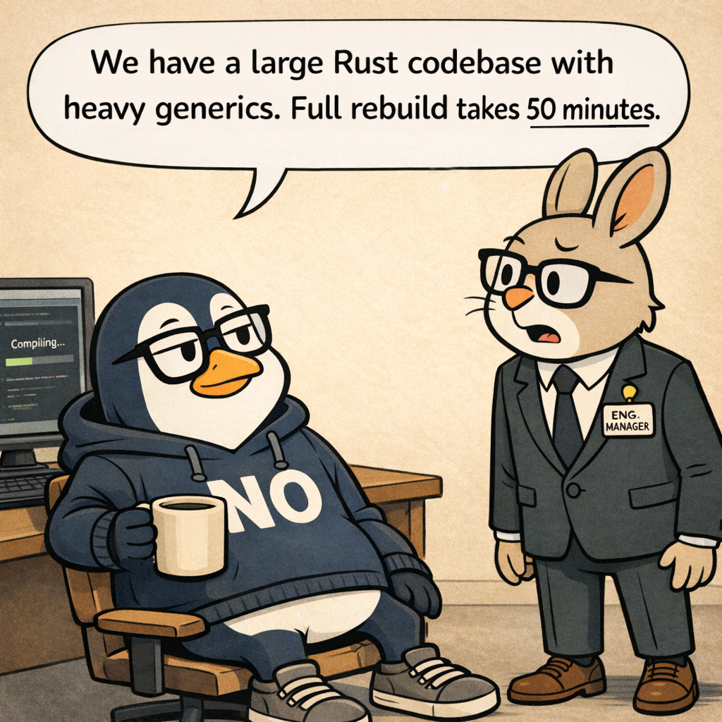 Nullwing explains they have a large Rust codebase with heavy generics and a full rebuild takes 50 minutes; Hopper tilts his head in confusion.