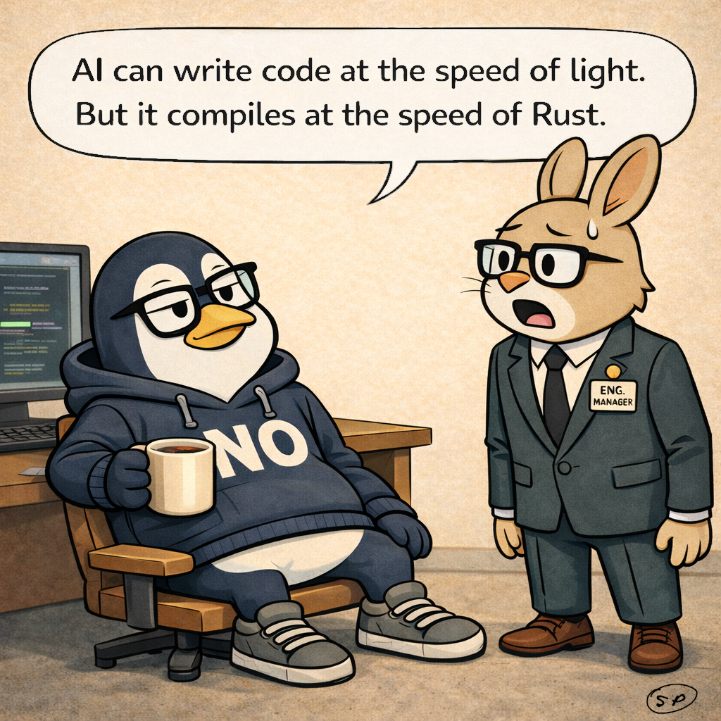 Nullwing delivers the punchline — 'AI can write code at the speed of light, but it compiles at the speed of Rust' — with a slight smirk as Hopper stands frozen, jaw dropped.