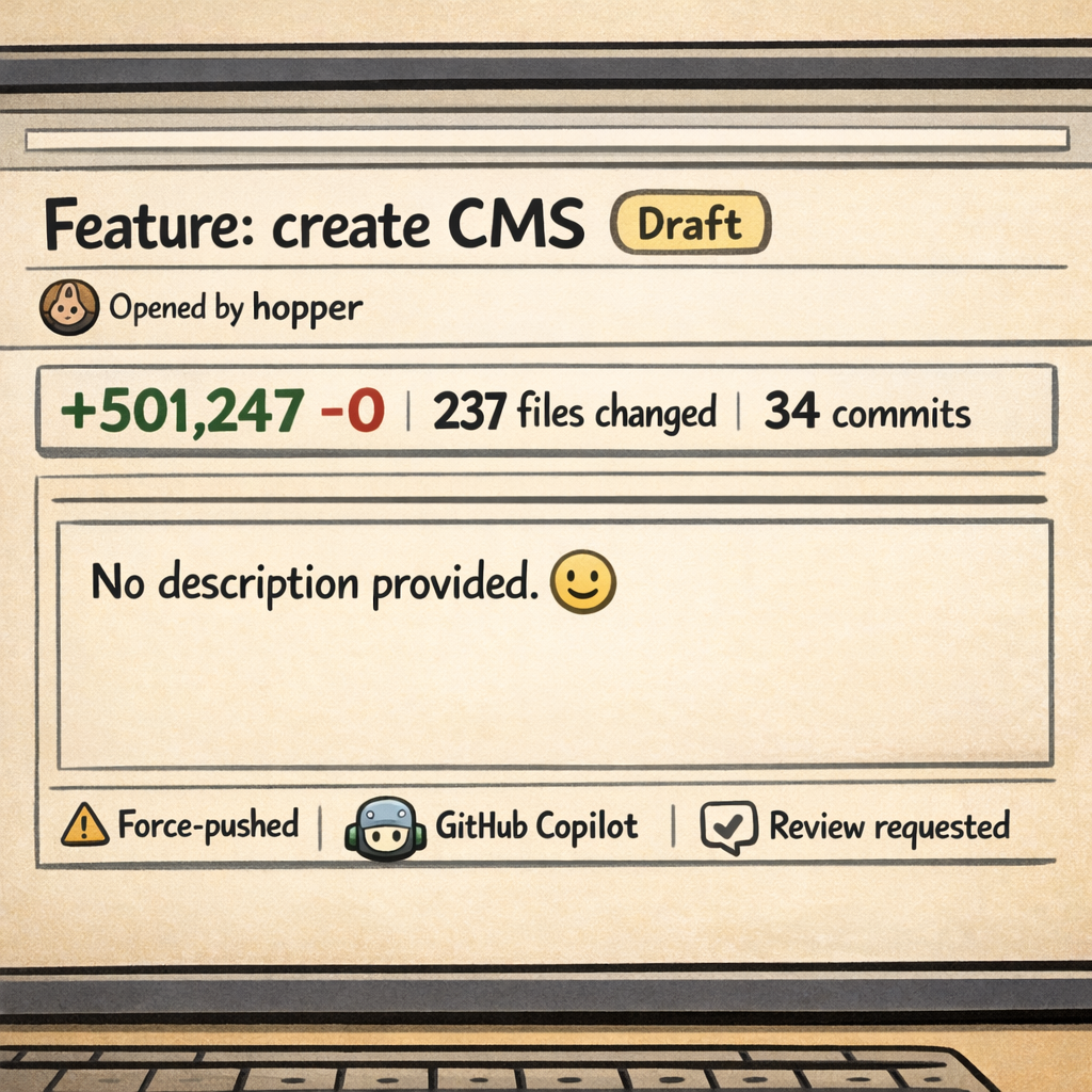 Close-up of Nullwing's monitor showing a massive PR: +501,247 lines added, 0 deleted, 237 files changed, no description provided, with GitHub Copilot as suggested reviewer.