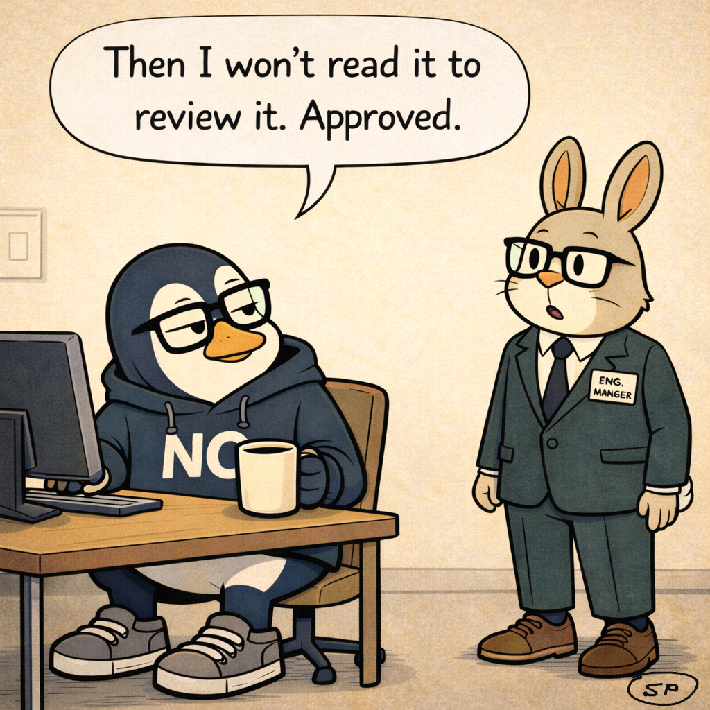 Nullwing turns to the monitor and clicks Approve with a dead-eyed expression, saying 'Then I won't read it to review it. Approved.'