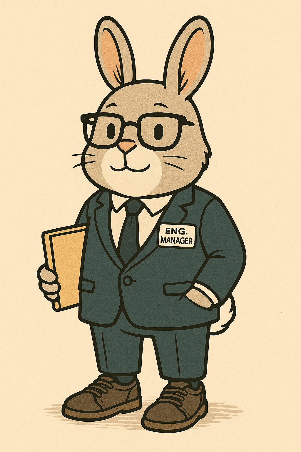 Hopper — a rabbit in a business suit with an ENG. MANAGER name badge, holding a yellow folder