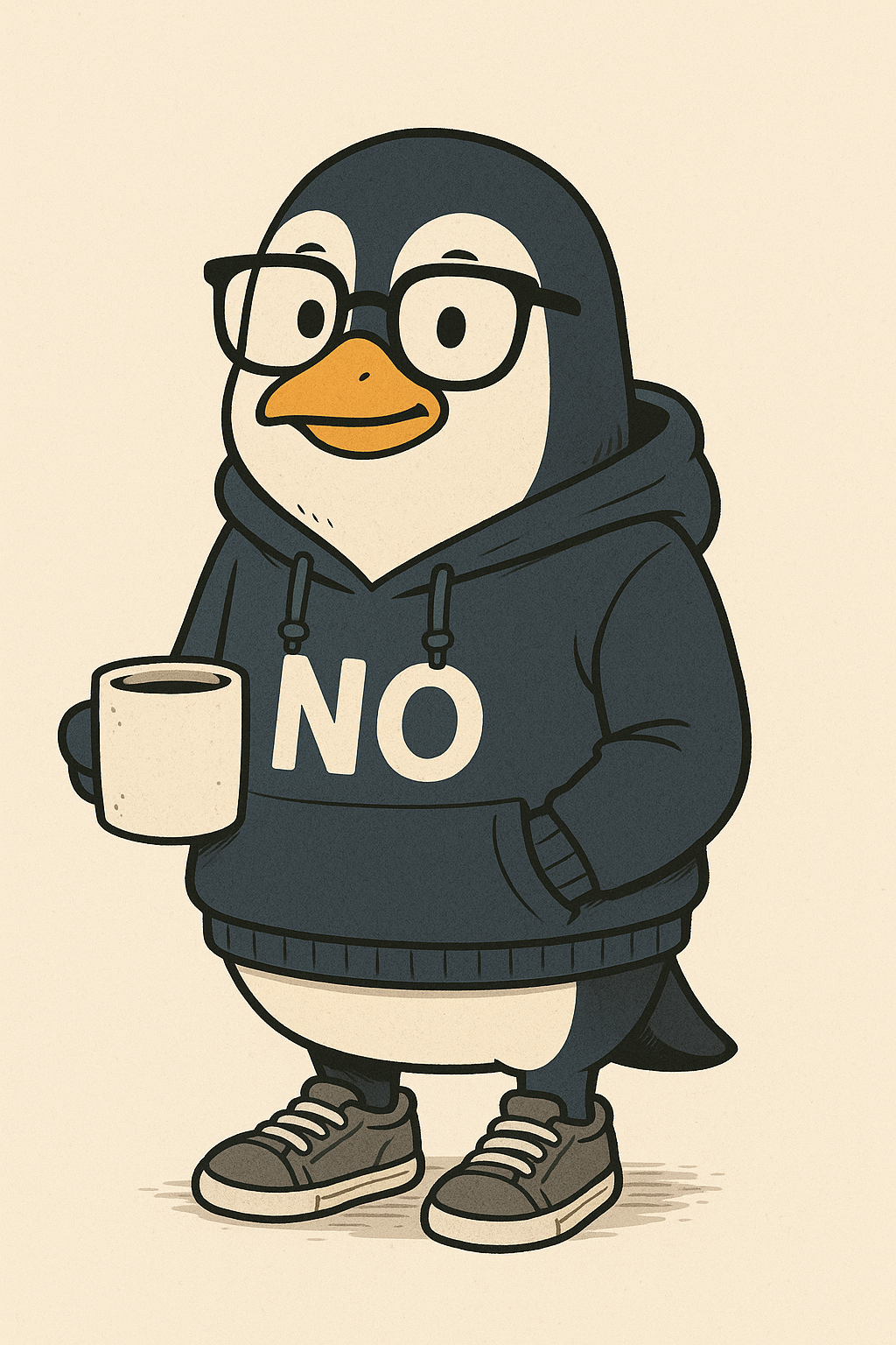 Nullwing — a penguin in a dark navy hoodie with 'NO' on it, holding a coffee mug