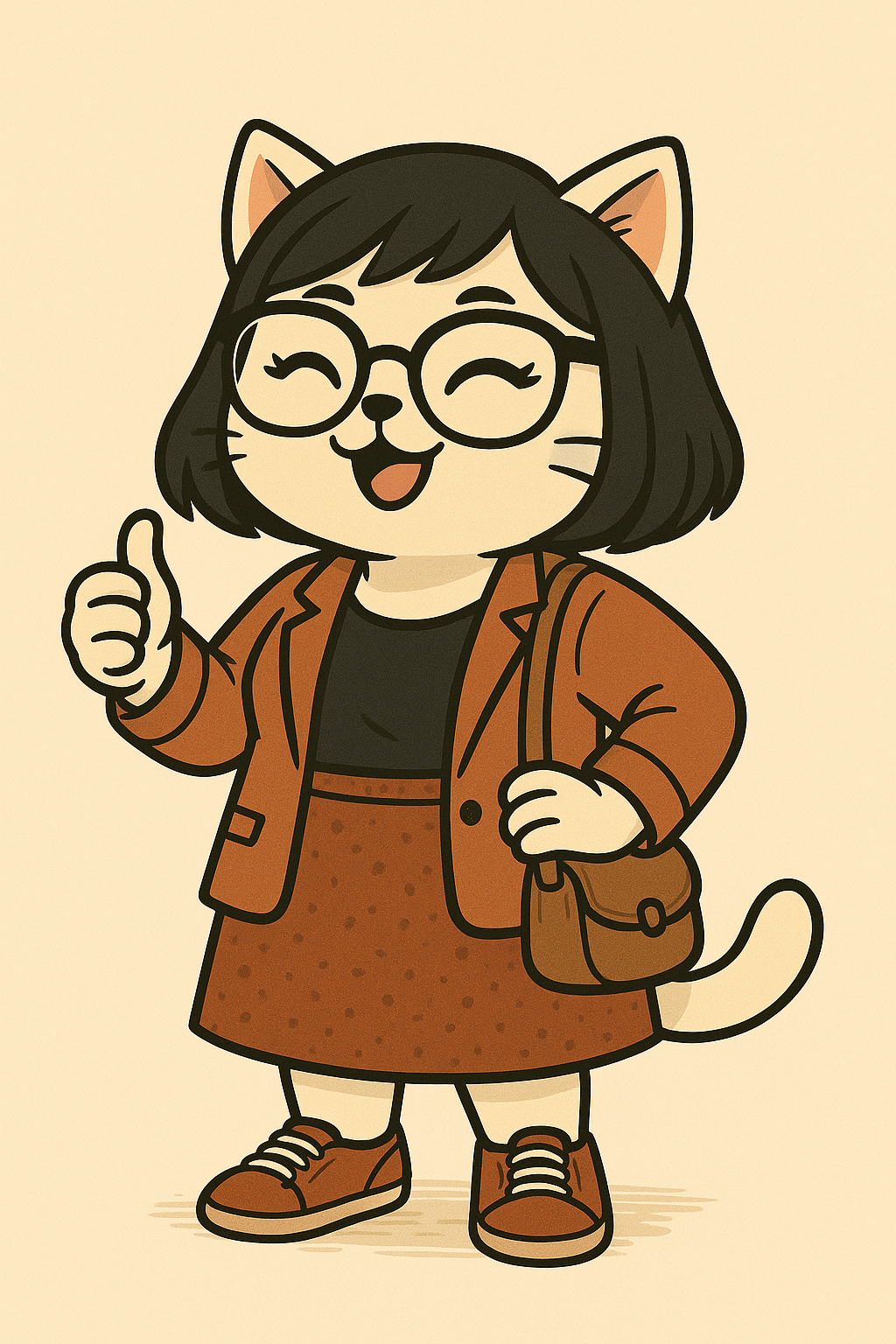Pawla — a black-and-white cat in a brown blazer with round glasses, giving a thumbs up