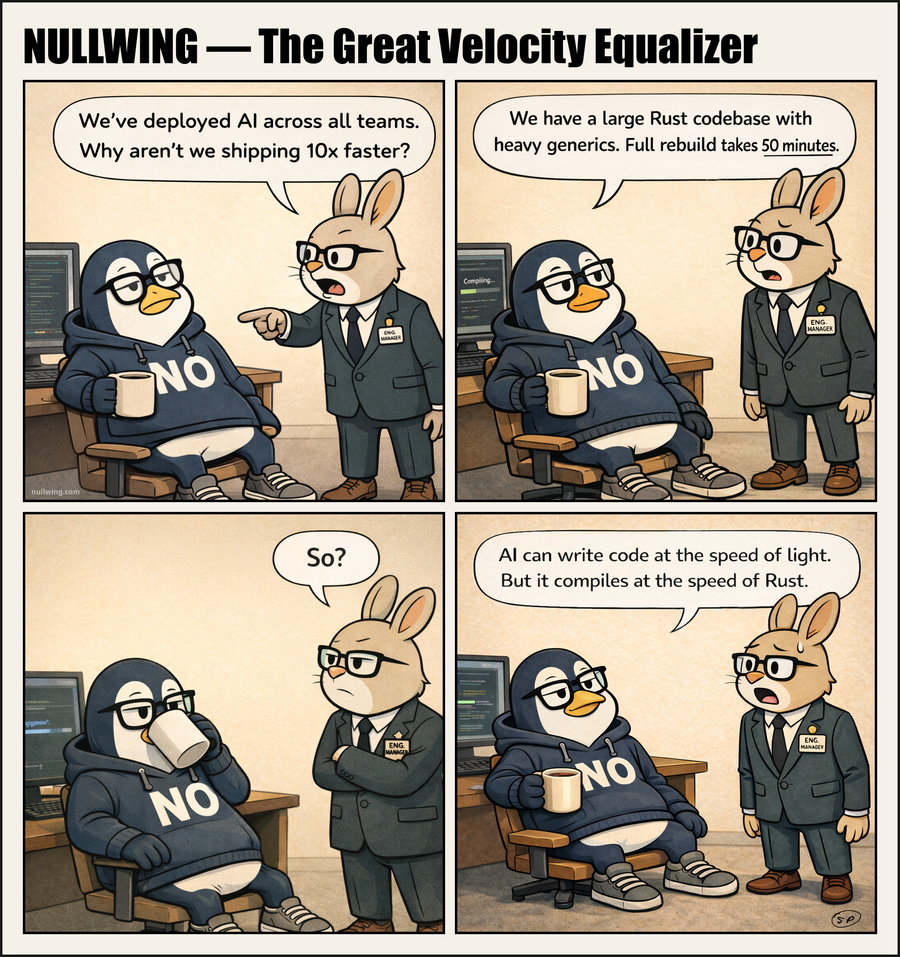 Hopper demands to know why AI tools haven't delivered 10x productivity, and Nullwing calmly explains that AI writes code at the speed of light but it still compiles at the speed of Rust.