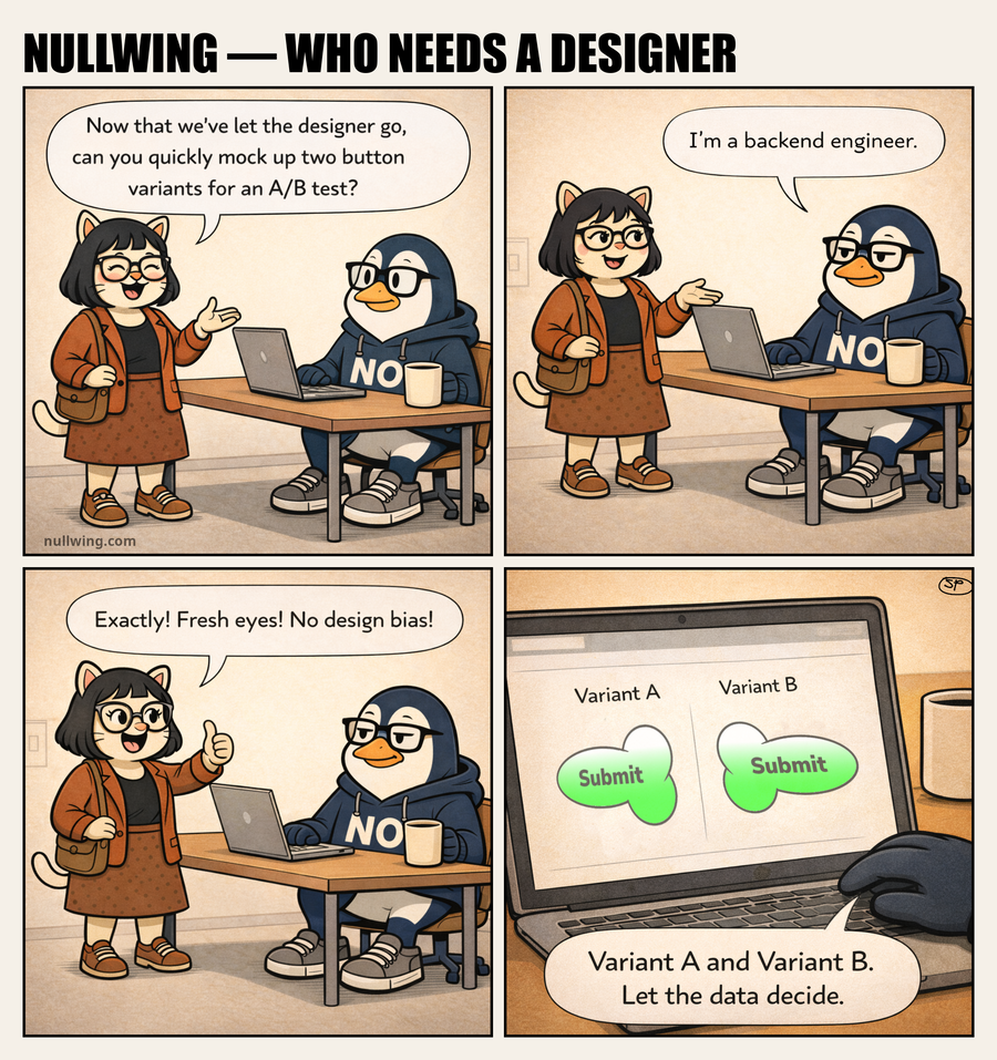 4-panel comic: Pawla asks Nullwing to design button variants. He's a backend engineer. She calls it 'fresh eyes.' He delivers two absurd blob-shaped buttons.