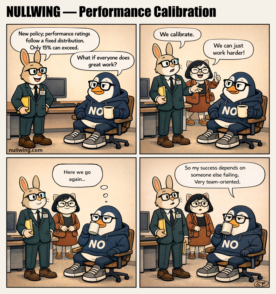 Hopper announces that performance ratings follow a fixed distribution where only 15% can exceed, and Nullwing distills the system to its logical conclusion: his success depends on someone else failing.
