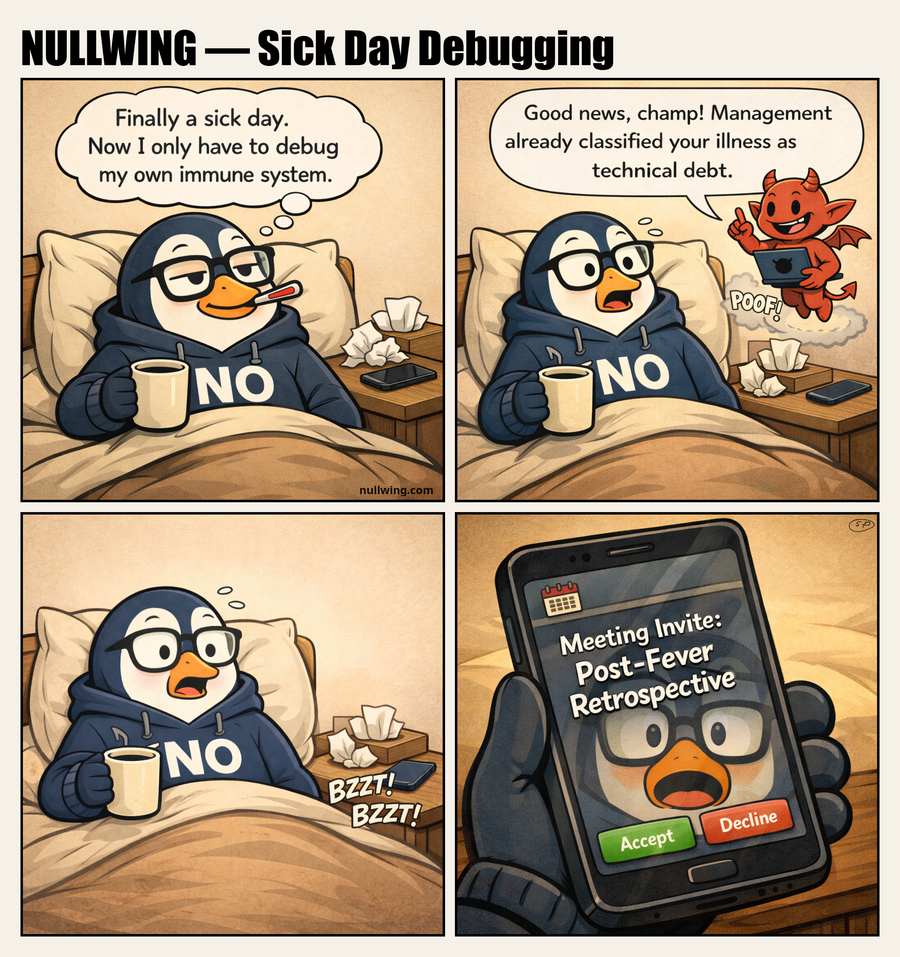 Nullwing takes a sick day, but a mischievous Daemon appears to inform him management has classified his illness as technical debt — then his phone buzzes with a meeting invite for a 'Post-Fever Retrospective.'